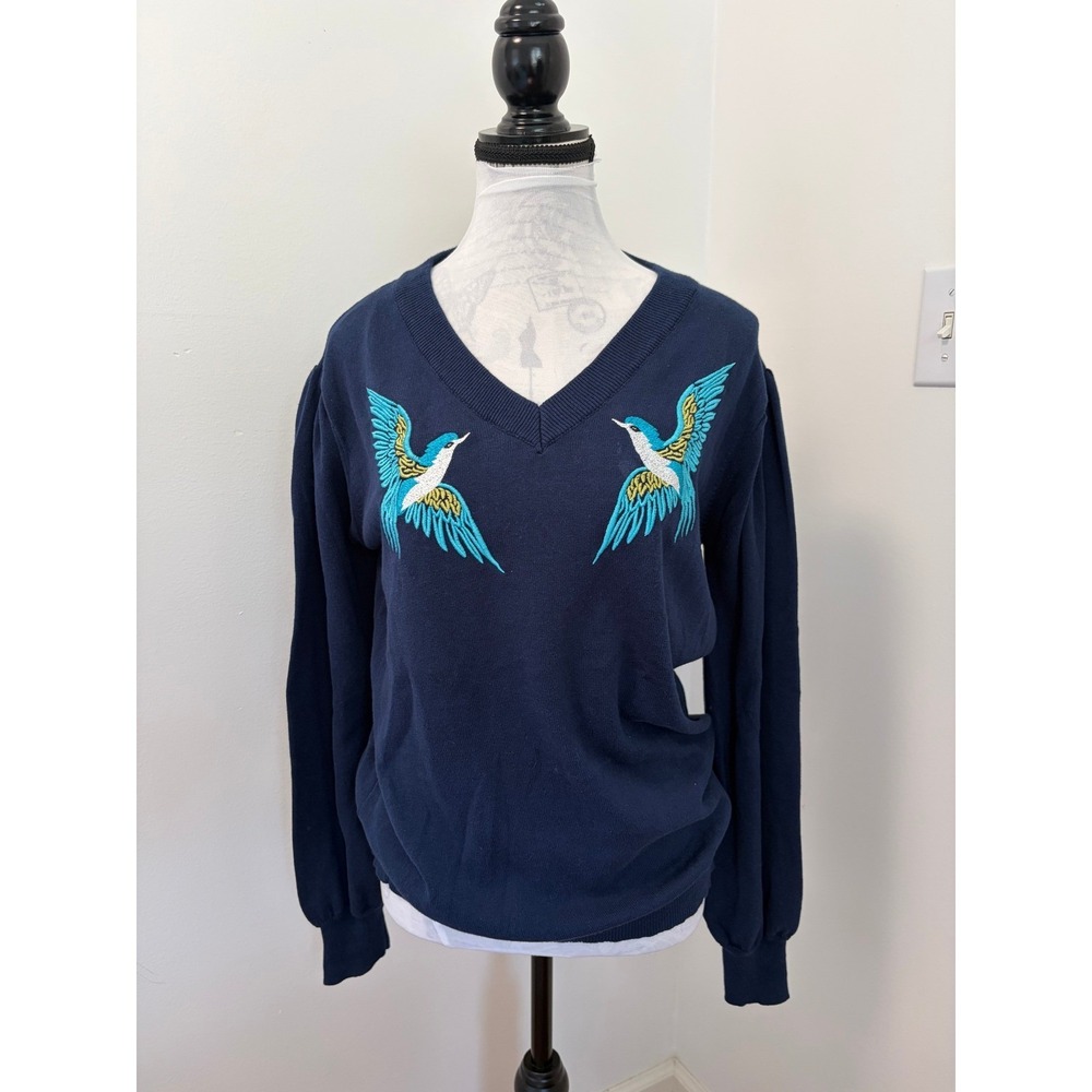 OXKNIT Bird Sweater Women Large Cottagecore Navy Blue V-Neck Embroidered Cotton - Picture 2 of 5